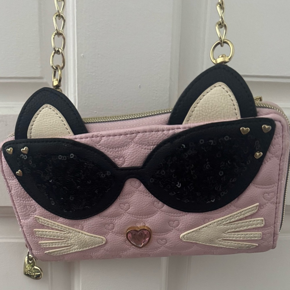 Betsey Johnson Pink Cat Bag with Black and Cream Accents